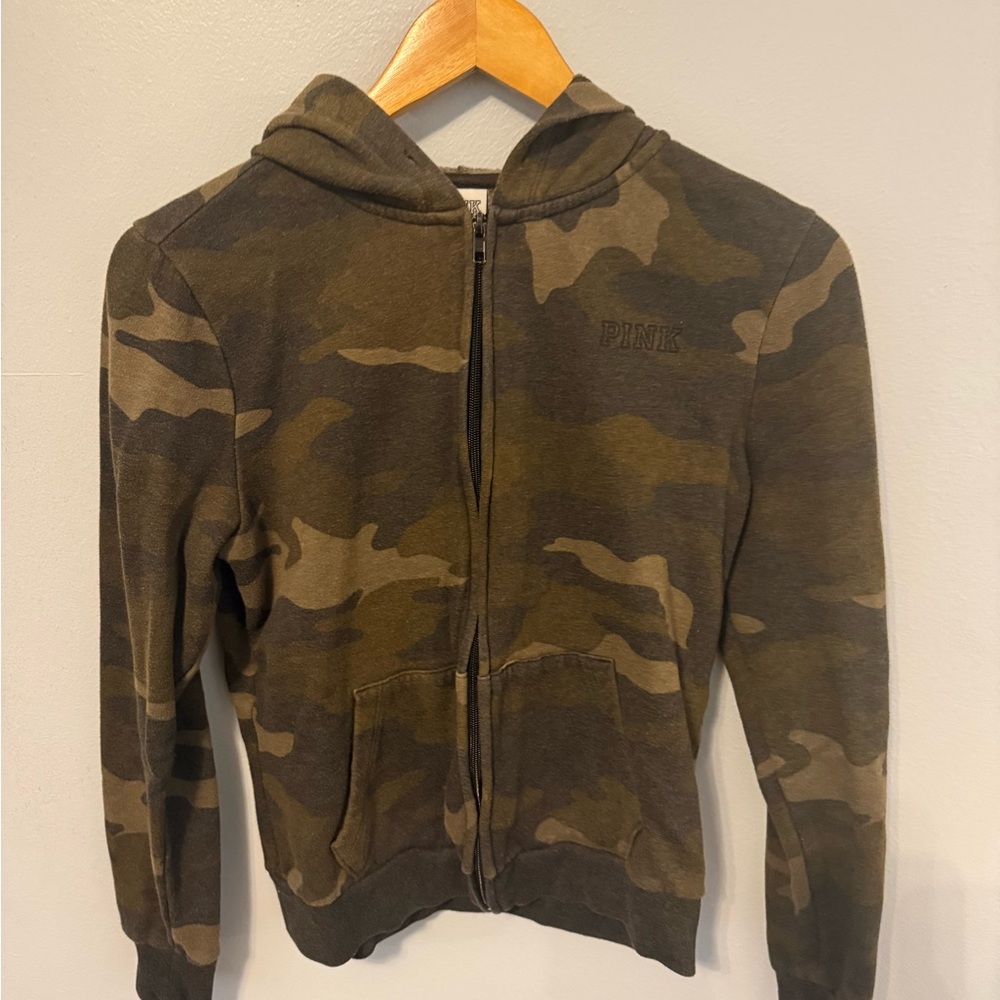 PINK Women’s Camouflage Zip Hoodie - Olive Green Camo, Small